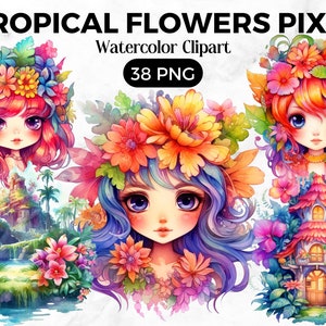 May include: Watercolour clipart featuring three tropical flower fairies. Each fairy has a crown of flowers and long flowing hair. The fairies are surrounded by lush tropical foliage and flowers. The text "Tropical Flowers Pixie Watercolor Clipart 38 PNG" is at the top of the image.