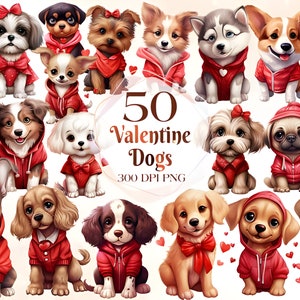 Pacchetto di clipart acquerello cani di San Valentino - 50 immagini PNG romantiche di cani, grafica per animali domestici Love Day, download digitale istantaneo, uso commerciale