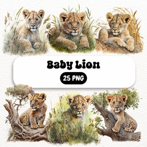 Baby Lion Clipart | Watercolor Lion PNG | Safari Animals Clipart Bundle | Junk Journal | Nursery Wall Art | Digital Planner | Paper Craft