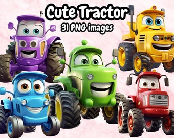 Cute Tractor Vehicles Clipart, Baby Cute Trucks For Kids, Instant Download, Kids Vehicles Cartoon Animated Vehicles High Quality PNG Clipart
