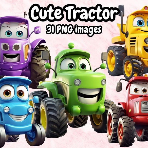 Cute Tractor Vehicles Clipart, Baby Cute Trucks For Kids, Instant Download, Kids Vehicles Cartoon Animated Vehicles High Quality PNG Clipart