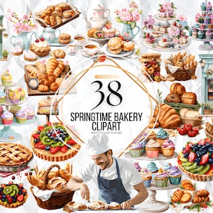 Aquarell Frühling Bäckerei Clipart, Brot Baguette Französisch Croissants Gebäck Frühstück Süßigkeiten Backen PNG kommerzielle Nutzung Sofort-Download
