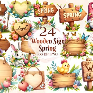 Signo de madera de Pascua Acuarela Clipart 26 Png, Ilustración de huevo de Pascua, Primavera de flores silvestres, Gráfico de conejito, Material de artesanía, Scrapbooking