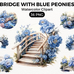 Garden Bridge Blue Peonies Clipart, garden clipart, Digital watercolor, Watercolor Clipart Spring, summer Flowers illustration Digital Art