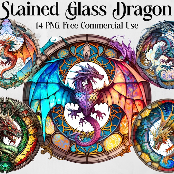 Stained Glass Watercolor Dragon Mandala Clipart. Fantasy and Mystical Clipart Bundle,Dragons Lovers Clipart Gift Free commericial use