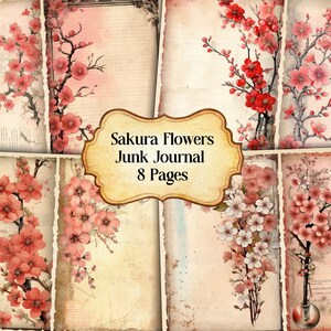 Sakura Flowers Junk Journal Kit, Vintage Sakura Flowers Journal Pages,Dictionary page Junk Journal Printable Paper, Digital Collage Sheet