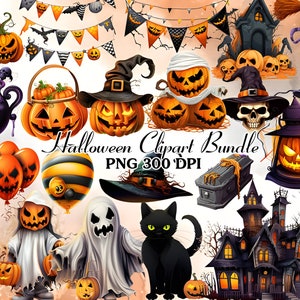 Halloween Clipart Bundle, Cute Halloween Clipart, Pumpkins, Ghosts, Bats, Cauldron, Haunted House, Halloween Candy, Autumn, Fall, PNG