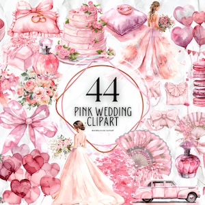 Aquarell Rosa Hochzeit Clipart, Braut Clip Art, süße Liebe, Hochzeitsbogen, Hochzeitselemente, Hochzeitstorte, Ringe, Just Married Car, Printable
