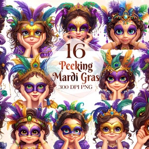 Watercolor Peeking Mardi Gras Clipart PNG Bundle King Cake Clipart Masquerade Clip Art Fleur de lis Graphics Happy Mardi Gras Png Carnival