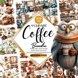 Megabundle 192 Pacchetto clipart caffè acquerello, clipart espresso, clipart americanno, clipart cappuccino, pausa caffè, amanti del caffè