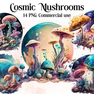 Cosmic Mushrooms Watercolor Clipart, Magical Mystical art, Fantasy clipart, Mushrooms Bundle PNG, Magic clipart, clipart set, Space Mushroom