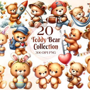 Watercolor Teddy bear 2 clipart for boy, Watercolor baby shower clipart, blue Teddy bear clipart, vintage teddy bear, cute teddy clipart
