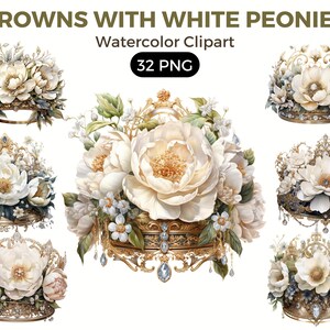 Royal Crowns With White Peonies Flowers Clipart, Watercolor floral clipart, bouquets, flowers, nursery, wreath, blossom, portraits clipart