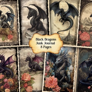 Watercolor Black Dragons Journal Printable Page, Fantasy Dragons Junk Journal,Junk Journal Paper Digital Collage Sheet, Instant Download