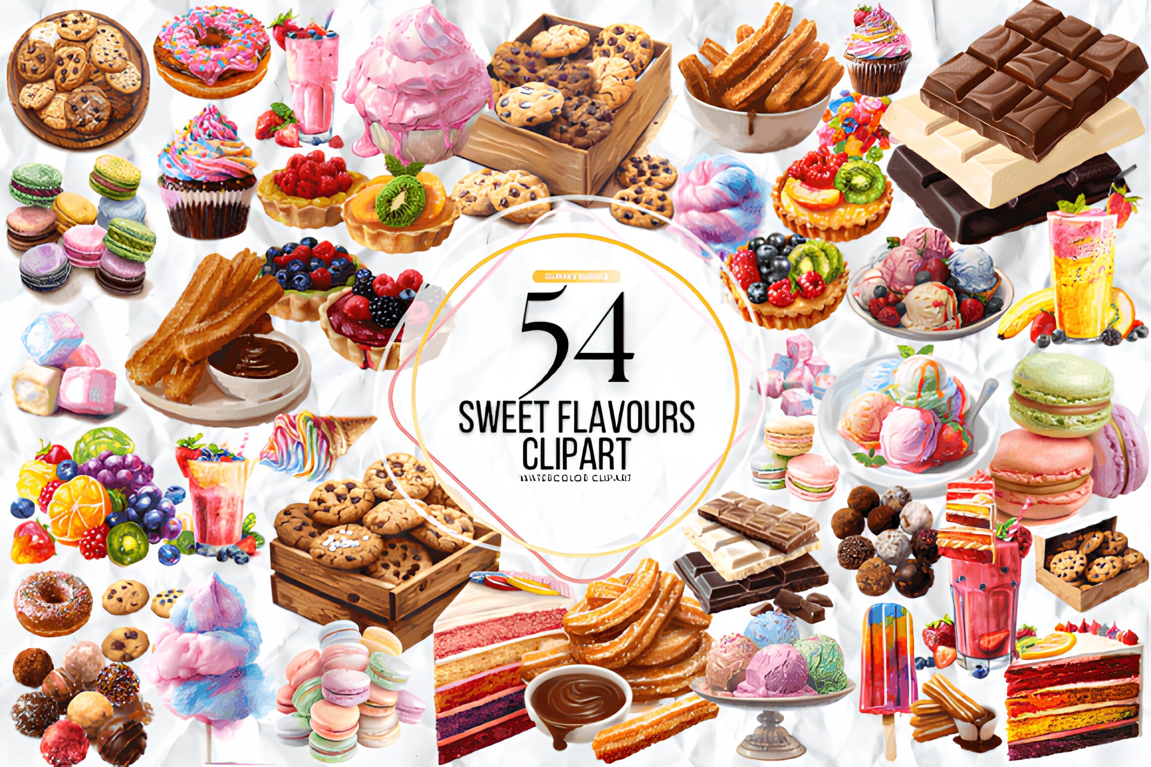 Watercolor Sweets Flavor Clipart, Chocolate Cookies, Sweet Macarons, Treats Candy and Glazed Donuts PNG Instant Download Commercial Use