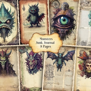 Watercolor Monsters Journal Printable Page, Fantasy Scary Monsters Junk Journal,Junk Journal Paper Digital Collage Sheet, Instant Download