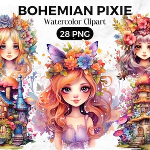 Puede incluir: Conjunto de clipart de acuarela con tres hadas caprichosas con coronas de flores y alas de mariposa. Cada hada está de pie frente a una casa de hongo con una puerta y ventanas azules. Las casas están rodeadas de flores y vegetación.