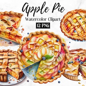 12 Retratos em aquarela de torta de maçã Download instantâneo Arquivos PNG JPG Criação de cartões Artesanato Arte de capa de livro Arte de tortas de maçã, designs de torta de maçã