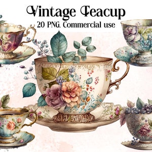 Watercolour Vintage Teacup Clipart - Antique Tea Time PNG Digital Image Downloads for Card Making, Scrapbook, Junk Journal, Paper Crafts