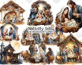 Nativity Scene Clipart Watercolor Bundle, Transparent PNG, Christmas Jesus clipart,Digital Download, Card Making Scrapbooking,Commercial Use