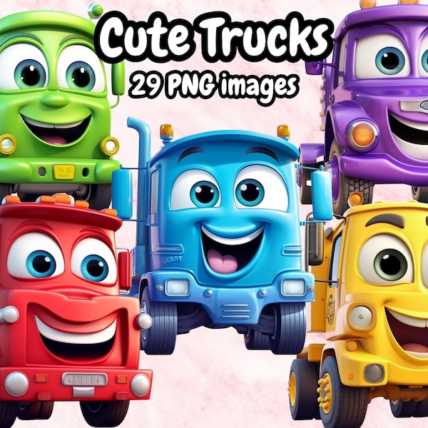 Cute Trucks Vehicles Clipart, Baby Cute Trucks For Kids, Instant Download, Kids Vehicles Cartoon Animated Vehicles High Quality PNG Clipart