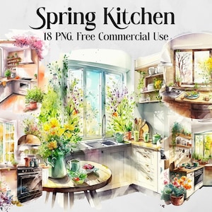 Kitchen clipart, Spring Cottage kitchen, Food, Digital watercolor, Free commercial use, Cooking clipart, Cozy home Kitchen png, Rural life
