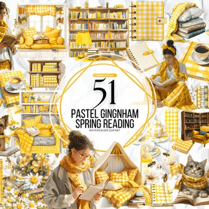 Clipart lecture printanière Vichy jaune pastel, clipart aquarelle confortable, clipart jolie fille, tasse à café, livres lisant des cliparts cadeau bundle