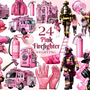 Pink Firefighter Watercolor Clipart PNG | Fire Station Fireman Fire Fighter PNG Clipart | Fire Fighter Fire Truck Birthday Nursery Clipart
