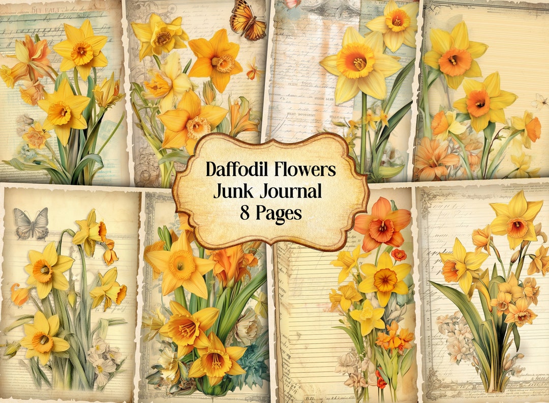 Daffodil Flowers Junk Journal Kit, Vintage Daffodils Junk Journal Pages