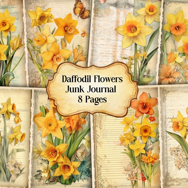 Daffodil Flowers Junk Journal Kit, Vintage Daffodils Junk Journal Pages, Dictionary page Junk Journal Printable Paper, Digital Collage Sheet