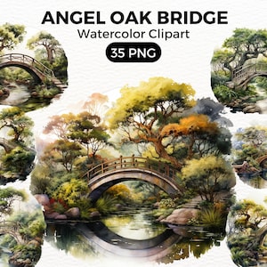 Angel Oak Tree Bridge Clipart, Trees Digital watercolor png Bridge, Watercolor Clipart Spring, Forest Trees illustration Digital Art