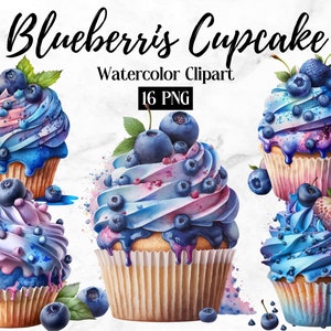 Clipart de cupcakes em aquarela de mirtilos, pacote de clipart de cupcakes PNGs, clipart de café, uso comercial, bolo de download digital instantâneo