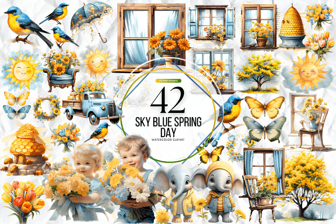 Watercolor Blue Sky Spring Day Clipart, Cottagecore Clipart, Spring ...