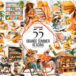 Orange Summer Book Lover Clipart, clipart aquarelle confortable, clipart jolie fille, tasse à café, clipart de lecture de livres, rose et blush, doux