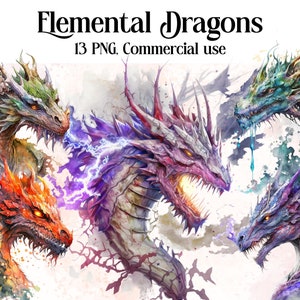 Elemental Dragons Clipart, PNG, Full Commercial Use, Fantasy Clipart, Watercolor Dragon Clipart, Watercolor Clipart with Instant Download