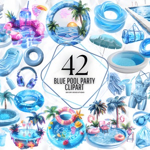 Imágenes Prediseñadas de fiesta en la piscina azul - Imágenes Prediseñadas de fiesta en la piscina de acuarela / Imágenes Prediseñadas de verano / Imágenes Prediseñadas de piscina / Imágenes Prediseñadas de fiesta / Fiesta en la piscina / Imágenes Prediseñadas de pelota de playa