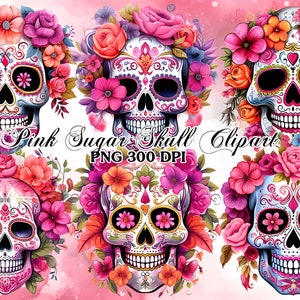 Aquarell Sugar Skull Clipart Tag der Toten Calavera Schädel PNG digitale Bild-Downloads für die Kartenherstellung Scrapbook Junk Journal Crafts