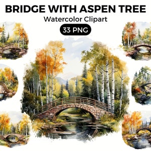 Aspen Tree Bridge Clipart PNG, Trees Digital watercolor png Bridge, Watercolor Clipart Spring, Forest Trees illustration Digital Art