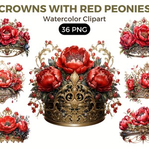 Royal Crowns With Red Peonies Flowers Clipart, Watercolor floral clipart, bouquets, flowers, nursery, wreath, blossom, portraits clipart