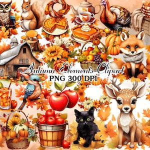 Watercolor Autumn Elements Clipart Bundle, PNG Watercolor Autumn illustration, Autumn Leaves, Woman, Street, Autumn time, Commercial use