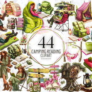 Ensemble de lecture de camping printanier, randonnée Clipart PNG, randonnée en montagne, camping girl, scrapbooking, journal indésirable, travaux manuels en papier pour scrapbooking