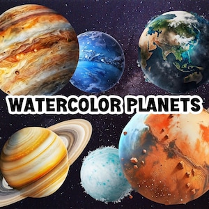 May include: Watercolor painting of planets in space. The planets are painted in shades of blue, green, orange, and brown. The text "WATERCOLOR PLANETS" is written in black letters across the middle of the image.