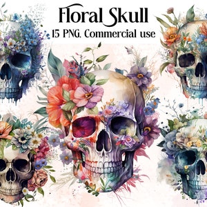 Watercolour Floral Skull Png, Skull Clipart, wiccan clipart, occult clipart, witch png, Flower skull Clipart, commercial use, colorful png