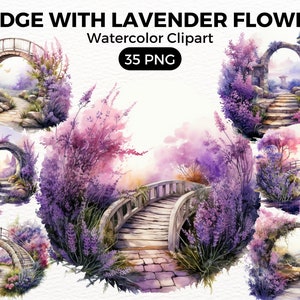 Garden Bridge Lavender Flowers Clipart, garden Digital watercolor png, Watercolor Clipart Spring, summer Flowers illustration Digital Art