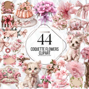 Coquette Flowers Watercolor Clipart PNG Bundle , Big Bundle Vintage Pink Girly Clipart Commercial Use, Cottagecore Digital Instant Download
