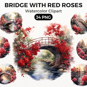 Garden Bridge Red Roses Clipart, garden clip art, Digital watercolor, Watercolor Clipart Spring, summer Flowers illustration Digital Art