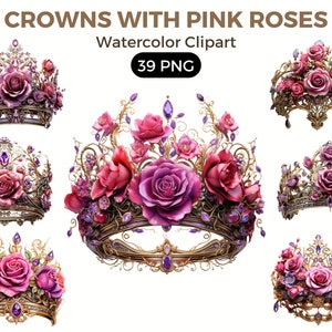 Royal Crowns With Pink Roses Clipart, Watercolor floral clipart, bouquets, flowers, nursery, wreath, blossom, for portraits, accessories
