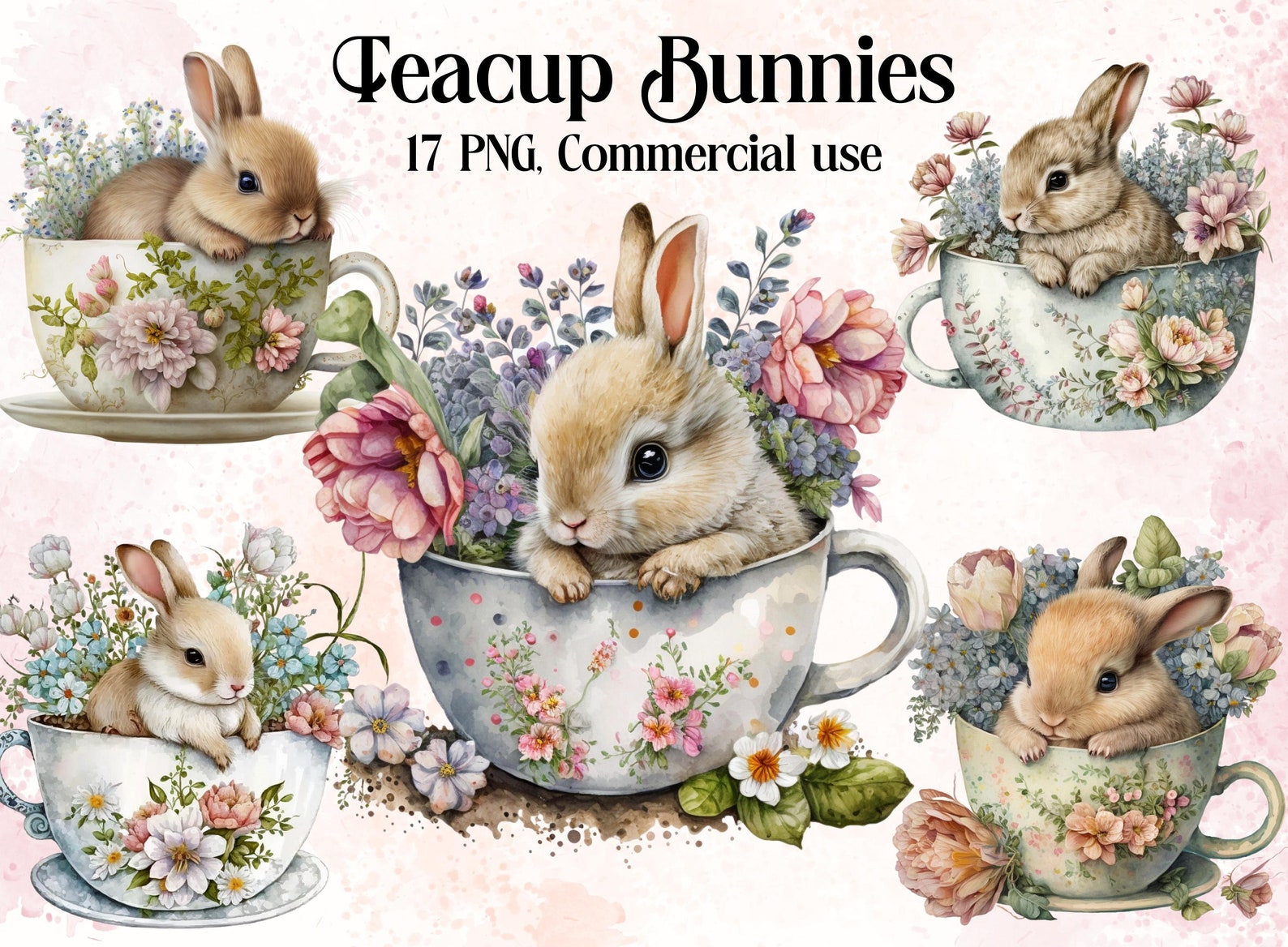 Watercolour Spring Teacup Bunny Clipart Easter Rabbits PNG - Etsy