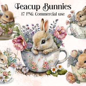 Watercolour Spring Teacup Bunny Clipart - Easter Rabbits PNG Digital Image Downloads for Card Making, Scrapbook, Junk Journal, Paper Crafts