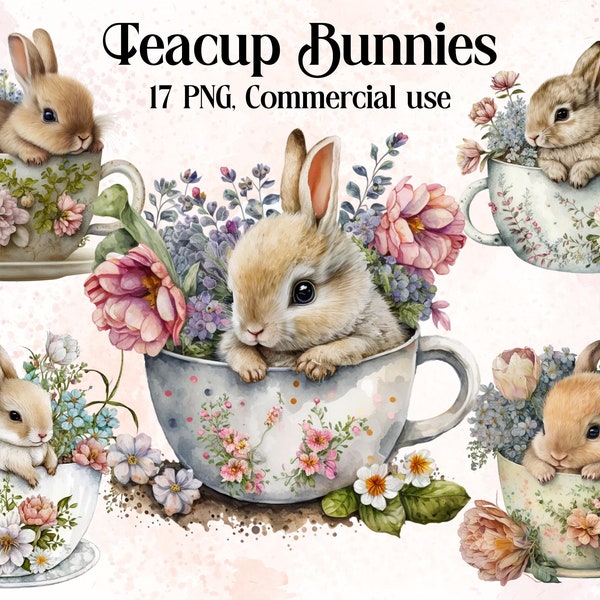 Watercolour Spring Teacup Bunny Clipart - Easter Rabbits PNG Digital Image Downloads for Card Making, Scrapbook, Junk Journal, Paper Crafts